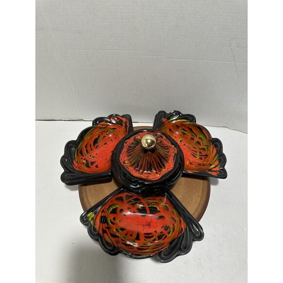 California Pottery Lazy Susan Chip and Dip Vibrant Red / Orange Black RARE MCM